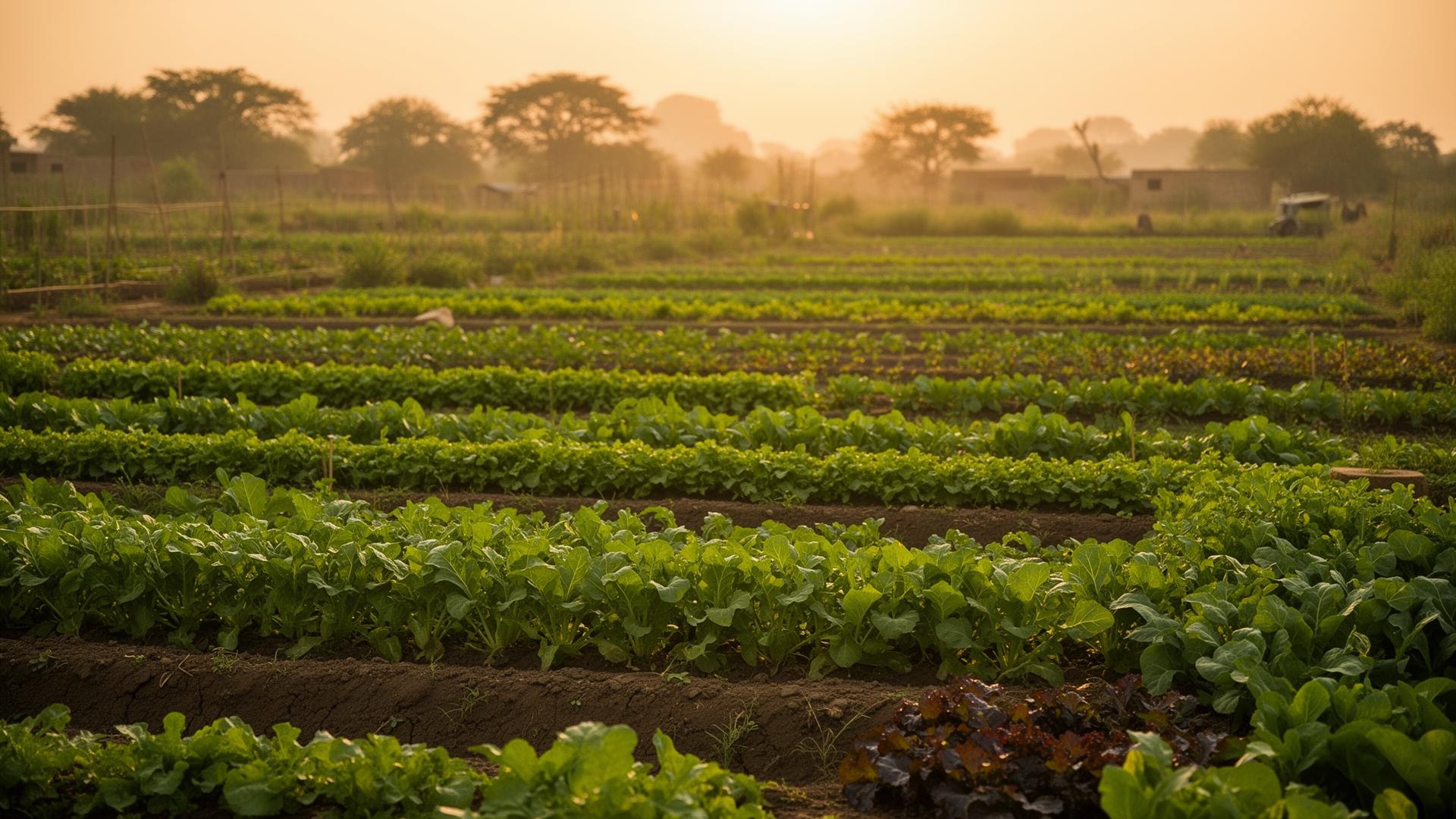 Sakhi Agrotech organic farm at golden hour with rows of fresh vegetables