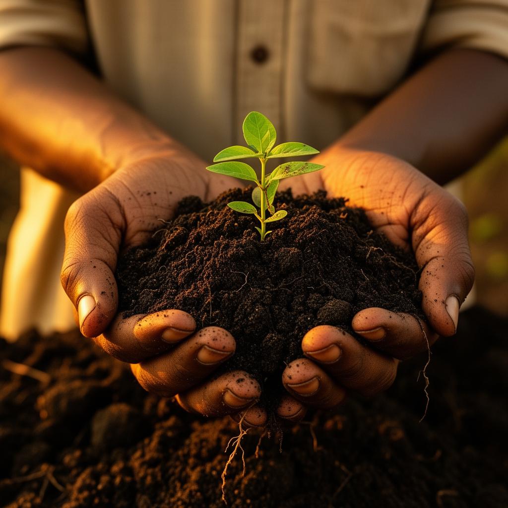 Hands holding rich dark soil with a green seedling