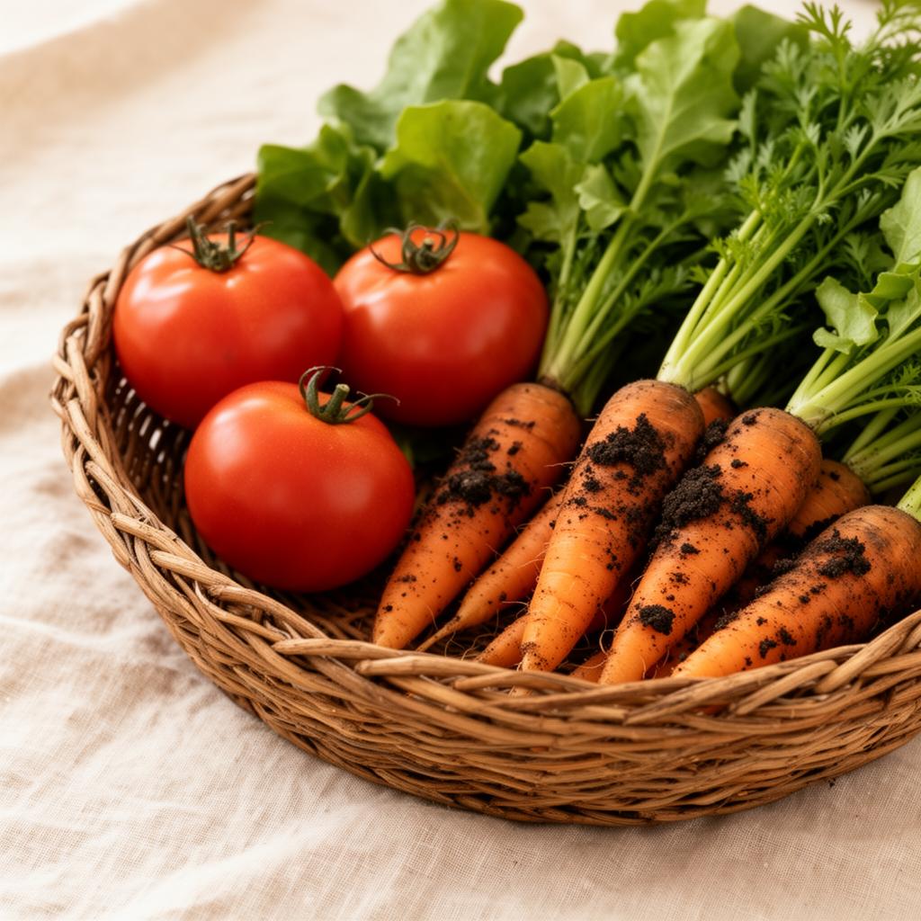 Basket of fresh organic vegetables with soil still on roots