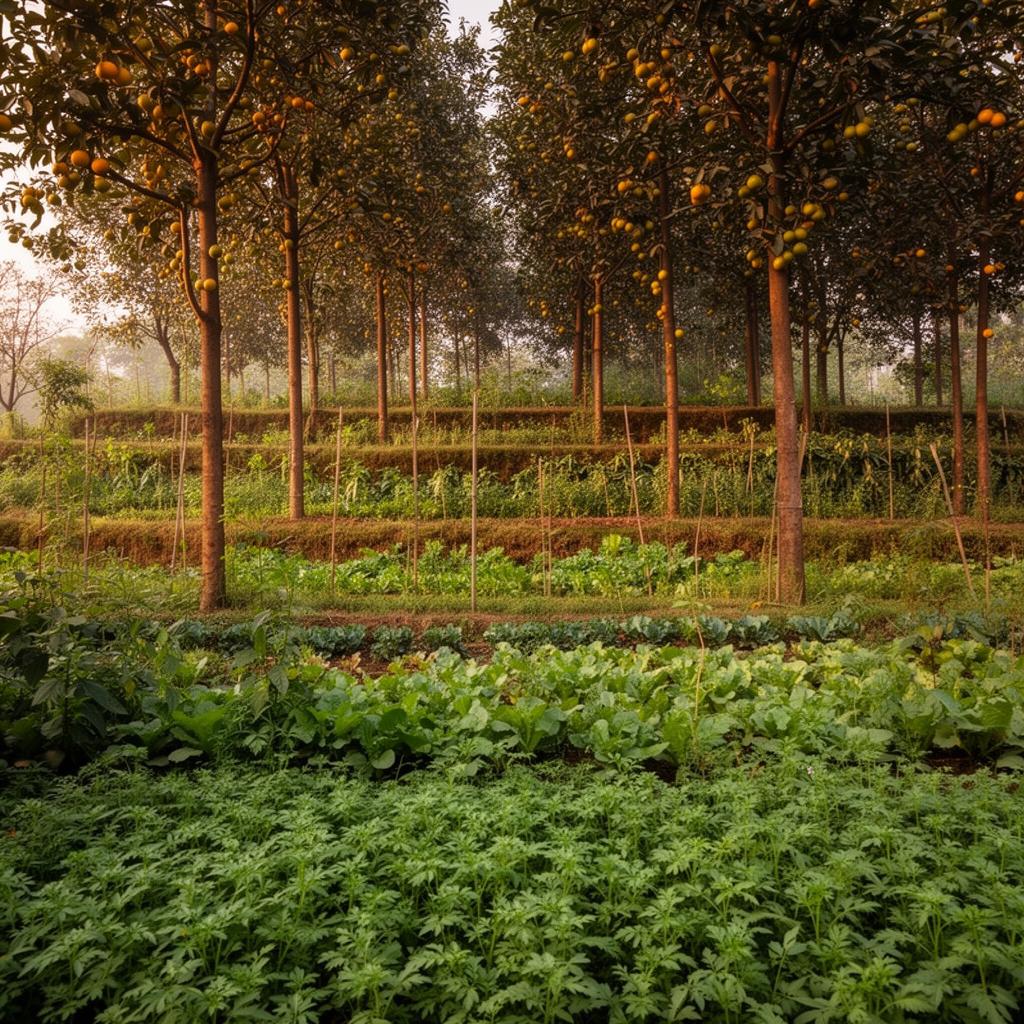 Multi-layer organic farm with trees, vegetables and herbs growing together
